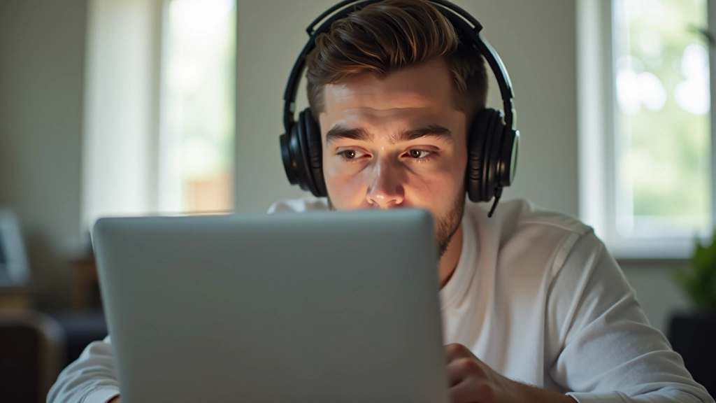 Pessoa a usar auriculares enquanto estuda guias de pronúncia do inglês no computador